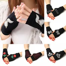 

Lovely Rose Printed Lady Rhinestone Fingerless Gloves Women Men Knitted Black Wool Half Finger Computer Mittens Warm Gloves