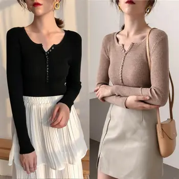 

Button Sweater Ladies V Neck Basic Slim Women Sweaters Knitted Fashion 1PC Pullovers 2019 New Autumn Pullover