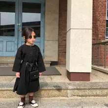 В Корейском стиле для девочек; сезон весна однорядные пряжкой с длинными рукавами платье принцессы