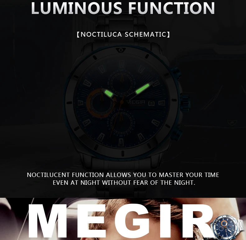 Хронограф megir кварцевые часы мужской роскошный бренд часов Нержавеющая сталь Бизнес синий наручные часы Для мужчин Relogio Masculino