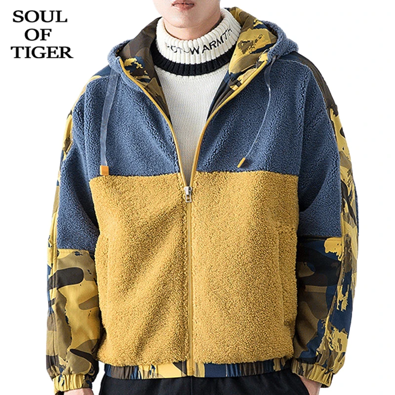 SOUL OF TIGER, модные корейские дизайнерские мужские свободные камуфляжные куртки, мужские Лоскутные пальто с капюшоном, зимняя теплая одежда на молнии