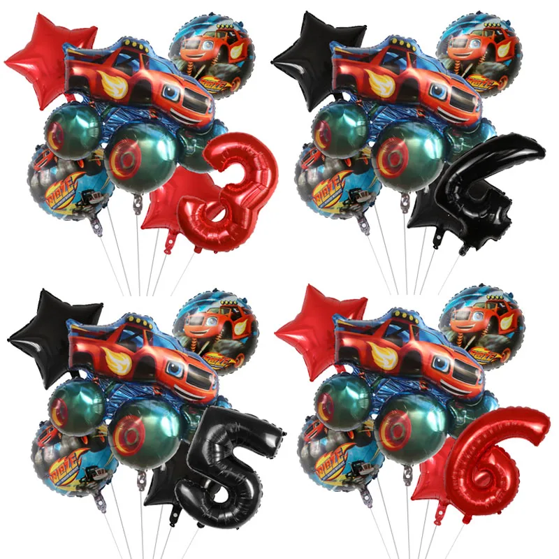 6Pcs Blaze Monster Palloncini Foil Cartoon Sports Car Numero Palloncini Macchine Per La Decorazione Della Festa Di Compleanno Racing Racecar Giocattol