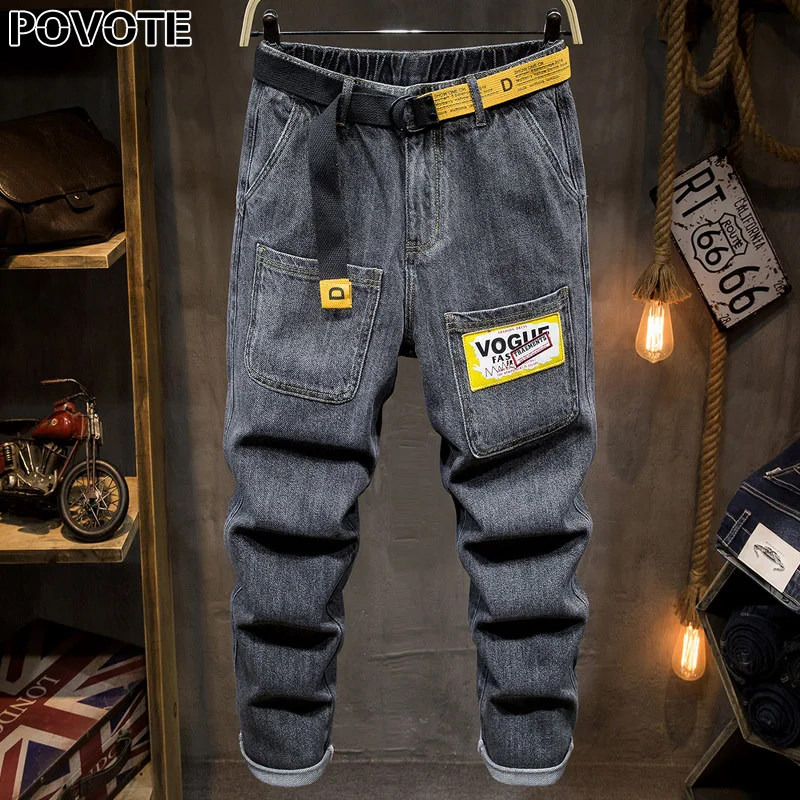 

POVOTE 2020 new jeans with holes men's slim fit, elastic and retro Leggings trend European and American Jeans grey