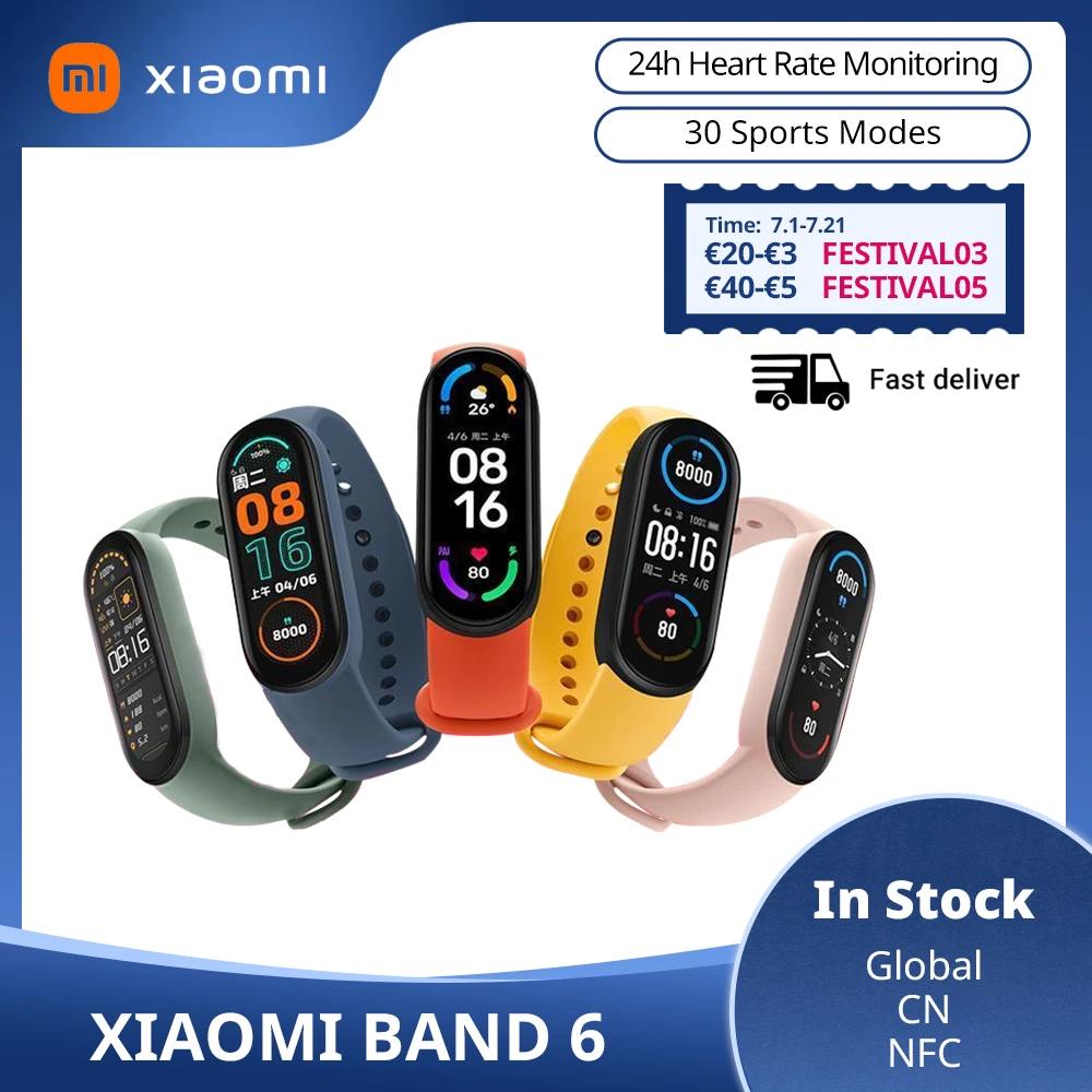 2021 Xiaomi Mi Band 6 Original Smart Bracelet 5 Sport Wristband Heart Rate Blood Oxygen Fitness Tracker 1.56 