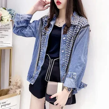 

2020 Rivet Tassel Chain Short Coats Woman Loose black Coats Long Sleeve vintage Outerwear Spring autumn Denim Jacket Coat Women
