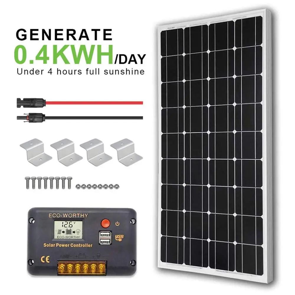 ECO-WORTHY 12 Volt 100 Watt Monocrystalline Solar Panel Kit with 20A LCD Charge Controller 
