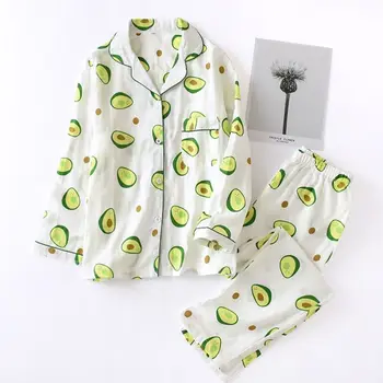 

2 Pcs/set Spring Autumn Women Pajamas Avocado Print Pattern Long Sleeve Trousers M6CD