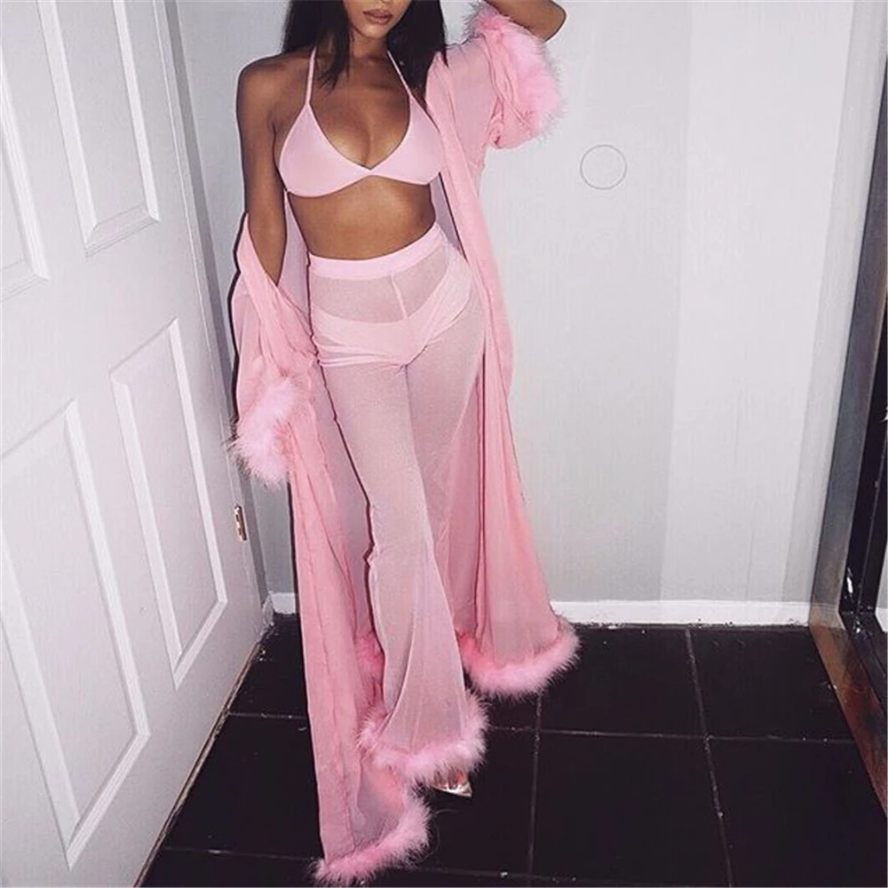 Пикантные осенние Летний тренировочный костюм комплект Для женщин Bodycon сетчатый, с перьями прозрачная укороченный Комплект Топ и штаны вечерние блузка с широкими штанинами, комплект со штанами