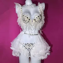 Женский сценический костюм бикини для танцев белый бюстгальтер со стразами короткая сетчатая юбка комплект из 4 предметов вечерние DJ певица для танцора DS костюм