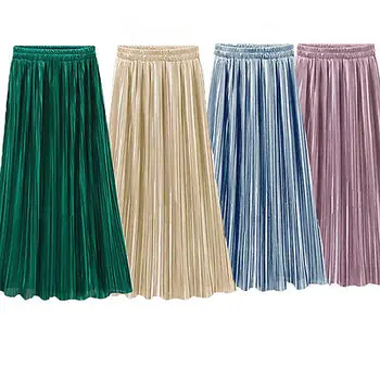 

2019 Newest Style Vintage Women Metallic Luster Stretch High Waist Skirt Fashion Plain Skater Flared Pleated Long Skirt