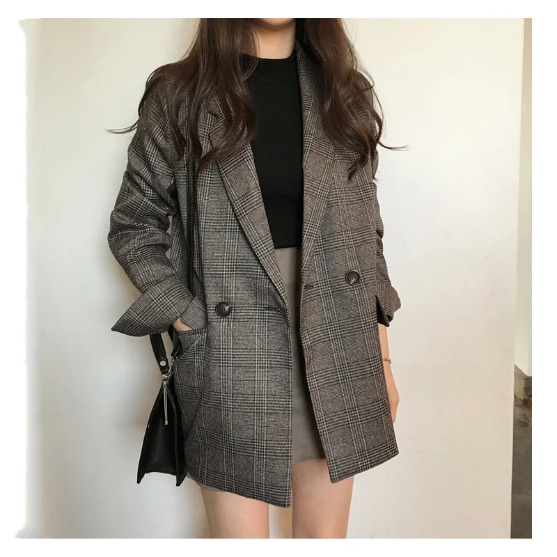 

2019 Autumn New Plaid Suit Double Breasted Check Suit Gray Coffee Girl Temperament Commuter Leisure Outdoor Activity Jacket