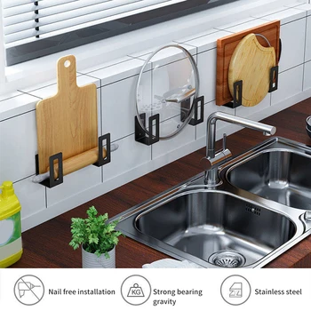 

2pcs Restaurant Accessories Multipurpose Stainless Steel Cutting Board Storage Rack Space Saving Wall Mounted Pot Lid Holder