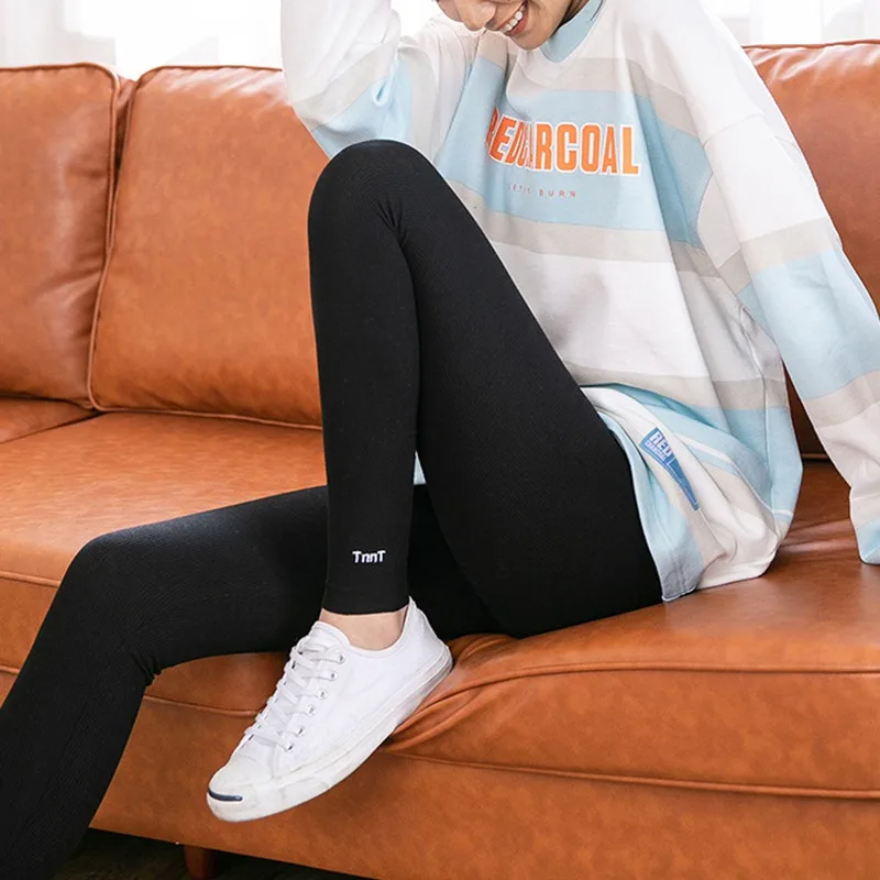 

Women Pantalon Femme Cotton Fashion Embroidery Letters Skinny Tights Pants Stretchy Elastic Nine Points Trousers