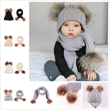 

Double Pom Pom Hats Scarf Set Baby Child Thick Warm Knitted Fur Hat Winter Beanies Boys Girls Neck Warmer Pompom Cap
