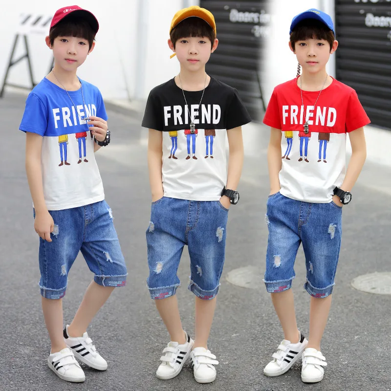 

Boys' Short-sleeved Suit Summer Wear 2019 New Style Cotton Children T-shirt Western Style Boy Big Boy Two-Piece Set Fashion Clot