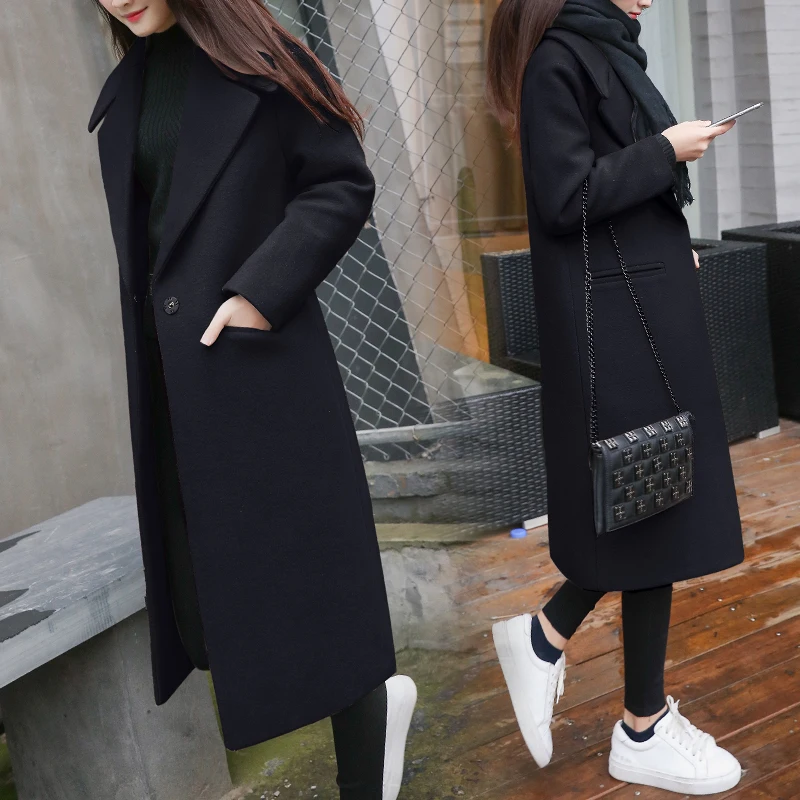 

new autumn women's over the knee wool coat coat Korean version of the long section loose thin section lapels jacket female wild