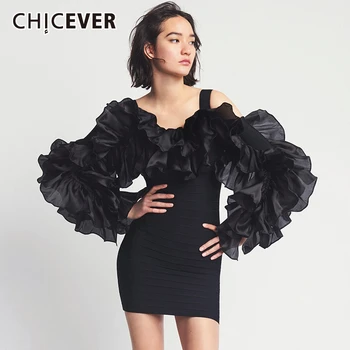 

CHICEVER Patchwork Lace Sexy Party Dress For Women Square Collar Ruffle Sleeve High Waist Mini Dresses Female 2020 Autumn New