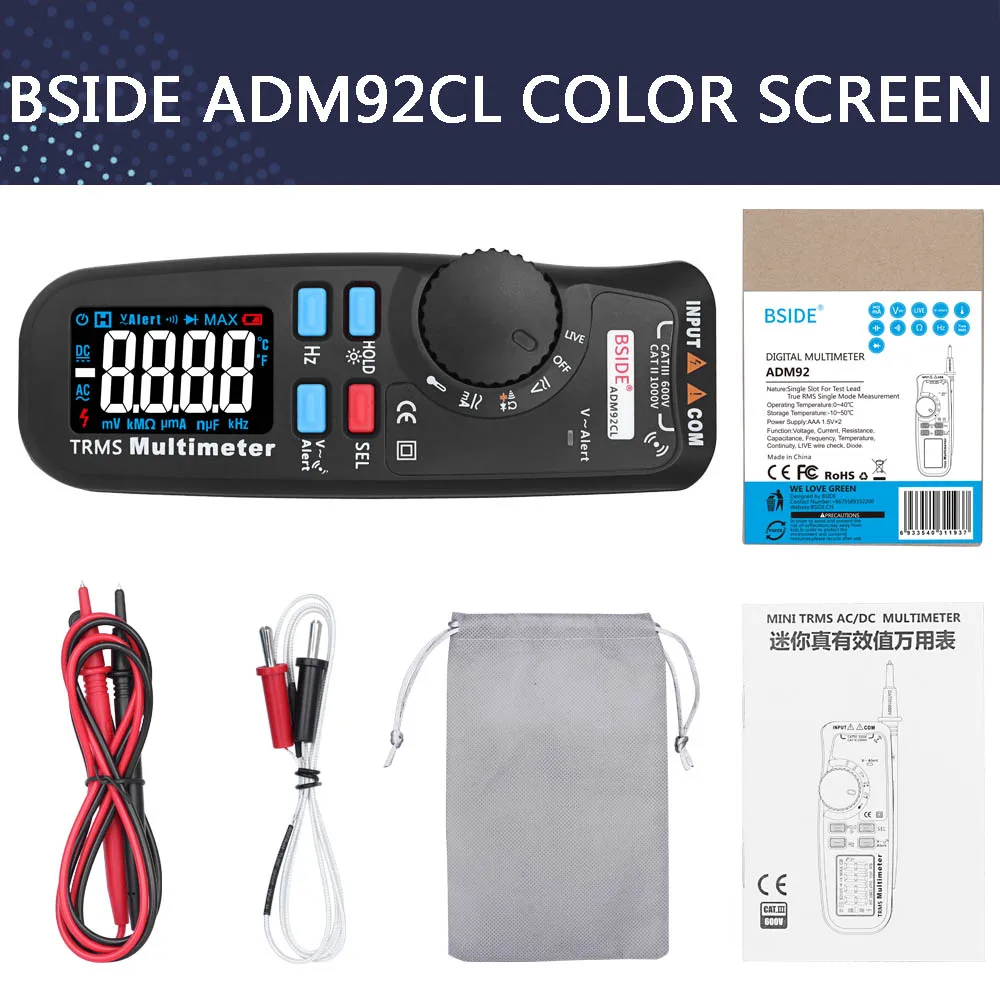 ADM92CL Black Многофункциональная цифровая ручка мультиметр BSIDE ADM92CL цветной ЖК-дисплей Multimetro Автоматический диапазон True RMS Temp Тестер Вольтметр - Цвет: ADM92CL Black