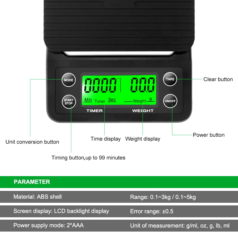 Кг/3 кг/0,1 г принимает массу весом до 5 кг/0,1g ЖК-дисплей цифровой Кофе весы с таймером Портативный электронный Кухня весы высокой точности капельного Кофе Вес весы