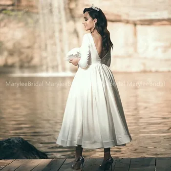 

2020 Tea Length Vintage Wedding Dresses V-neck 3/4 Sleeves Bridal Dress White Ivory Top Quality Satin Backless Robe De Mariee