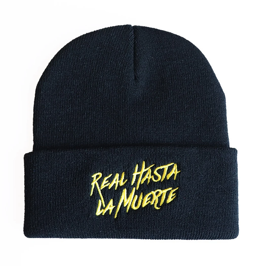 

Beanie Unisex Hats Real Hasta La Muerte Letter Embroidery Winter Autumn Outdoor Hipster Skiing Knitted Skullies Casual Solid Hay