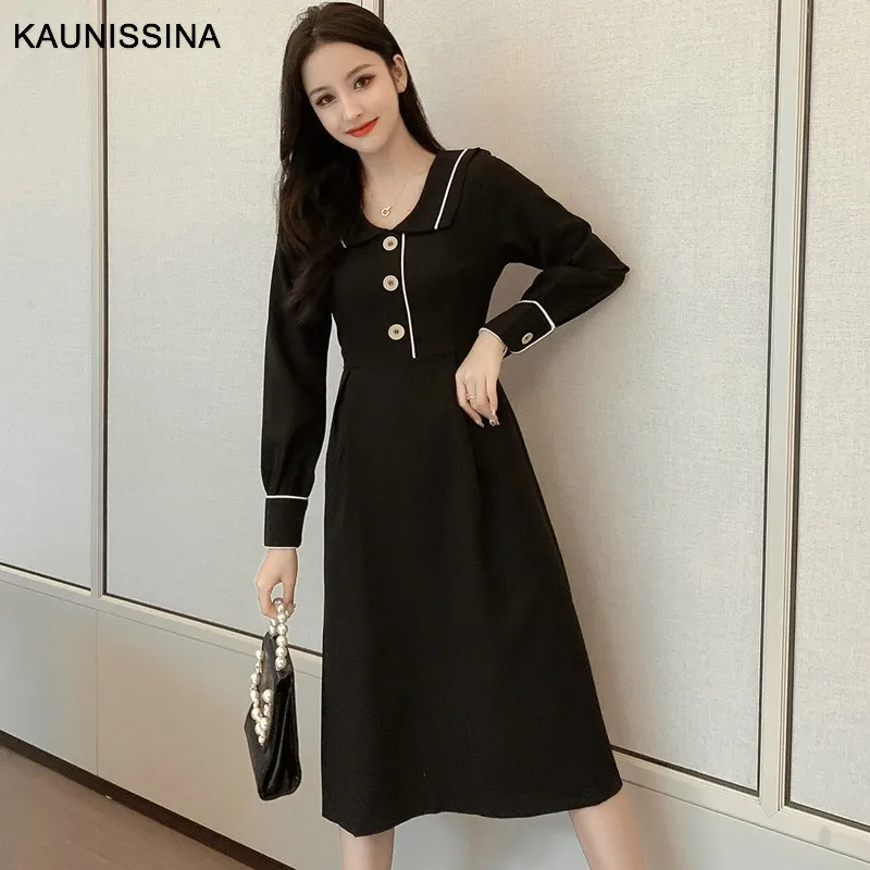 Black KAUNISSINA весна осень коктейльные платья с длинным рукавом отложной воротник платье для выпускного вечера вечерние платья Vestido - Цвет: Black