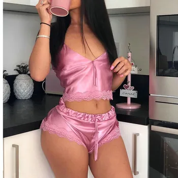 

Fashion Women Pajamas Set Summer Casual Solid Sleeveless Camisole Lace Splicing Taste Suit Homewear Female Pyjamas