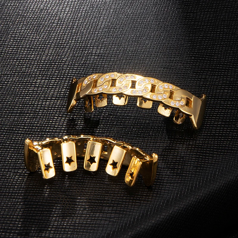 Iced Out Micro Pave Полный CZ зубы решетки сверху и снизу кубинские звенья цепи грили Клык зуб грили для мужчин хип хоп ювелирные изделия
