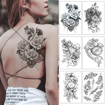 

Heart shaped Clock Jewel Rose Waterproof Temporary Tattoo Sticker Black Arm Back Flowers Big Tatto Body Art Fake Tatoo For Women