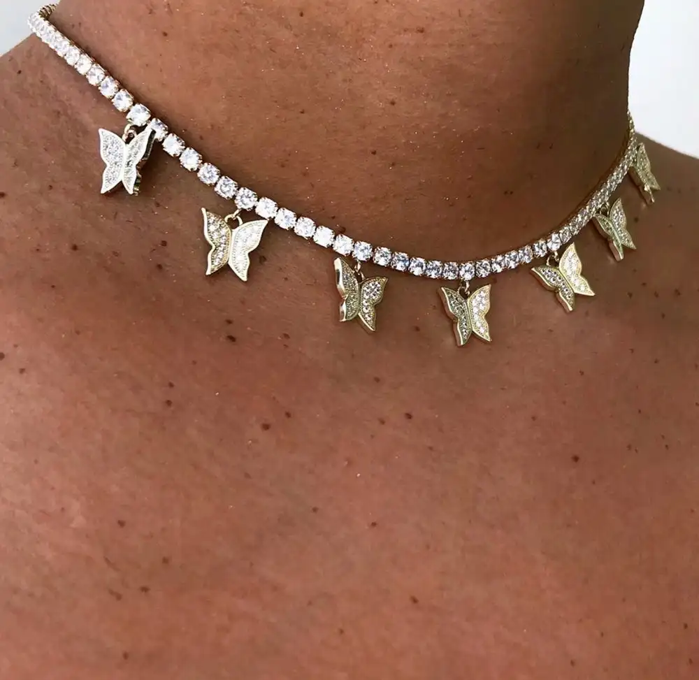 Joyería iced out bling hip hop para mujeres, cadena de tenis con corazón flecha cz con dije de mariposa cz, collares gargantilla de 32 + 10cm ► Foto 3/6