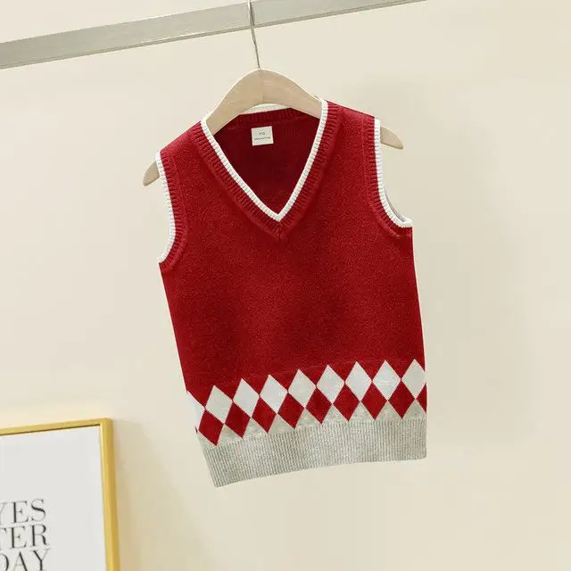 Geometric Rhombus Knit Vest for Big Boys Autumn Preppy Style School Uniform Baby Girls Sleeveless Outerwear Knitted Sweater New - Цвет: Wine red