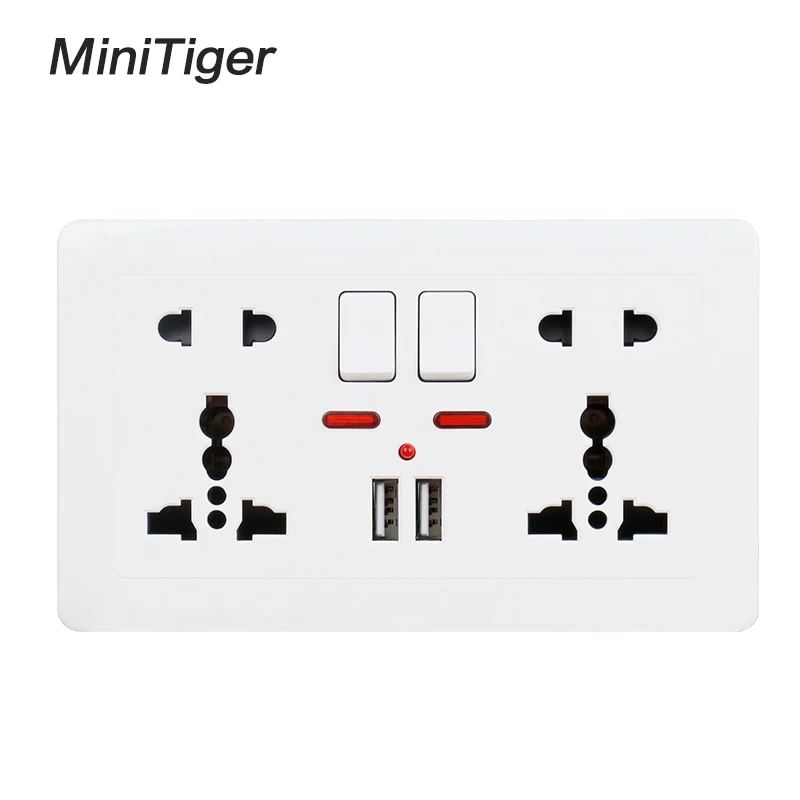 Minitiger 2.1A двойной USB зарядное устройство Порт светодиодный индикатор настенный разъем питания двойной Универсальный 5 отверстий переключаемый выход 146 мм* 86 мм - Тип: White Socket-1