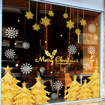 

2021 New Non Glue Electrostatic Shopping Mall Glass Window Home Gold Christmas Tree Snowflake Pendant Decoration Decor