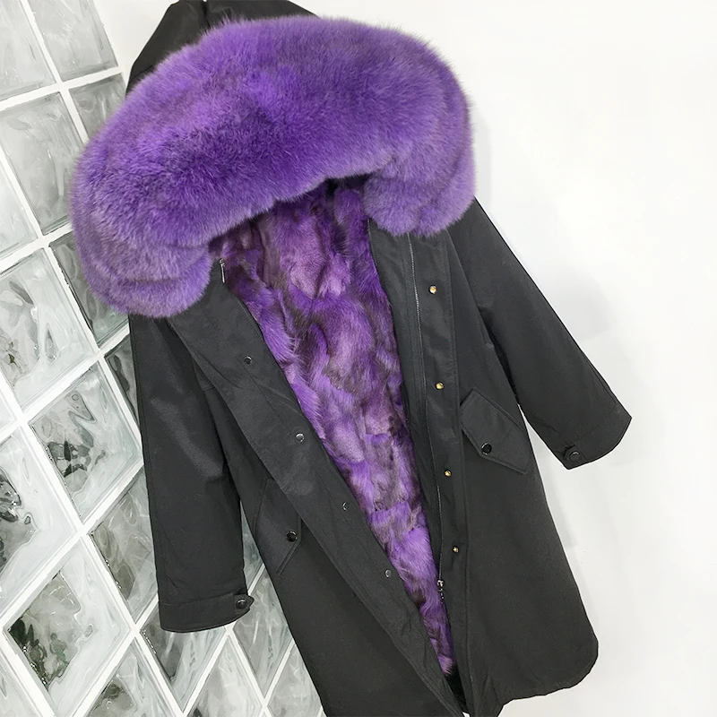 Plus Size Real Fur Coat Waterproof Parka Mujer Winter Jacket Women Natural Fox Fur Collar Liner Hood Thick Warm Outerwear Hat - Color: Xlong Purple