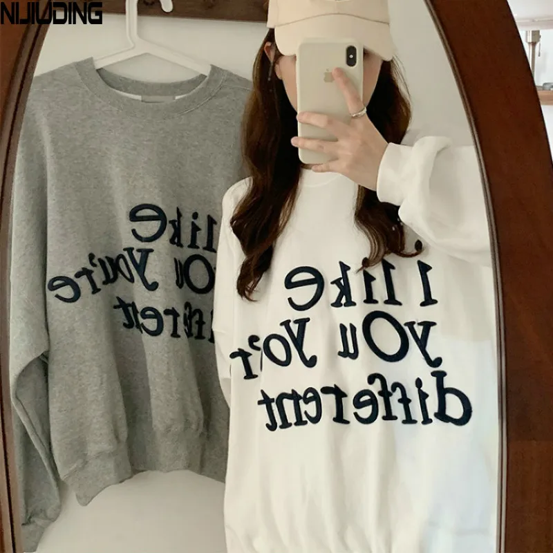 

NIJIUDING Women's Sweatshirts 2020 Winter New O-Neck Long Sleeve Thin Letter Embroidery Cotton Liner Loose Pullovers Tops Female