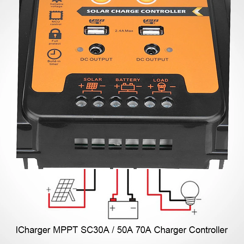 MPPT Солнечный контроллер 12 В 24 В 30A 50A 70A Солнечный контроллер заряда IP 32 водонепроницаемый панельный регулятор батареи двойной USB ЖК-дисплей