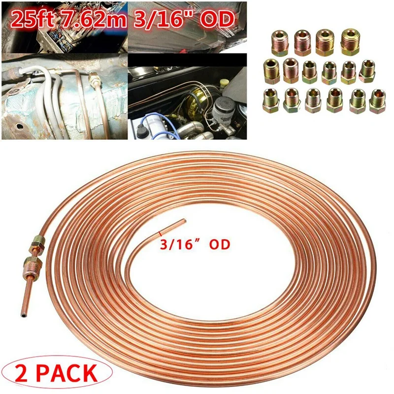 2 Pack 25Ft Copper Nickel Brake Line Tubing Kit 3/16 Inch OD + 30Pcs Fitting Nuts | Автомобили и мотоциклы