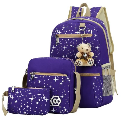 Модный женский рюкзак, высокое качество, холщовые рюкзаки, детские школьные сумки для девочек, mochila, костюм из трех предметов - Цвет: Purple