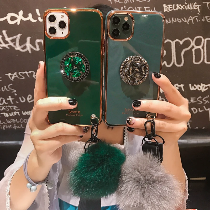 

Luxury Electroplated Phone Case For iPhone 11 Pro Max XR XS MAX 7 8 Plus With lanyard Hair Ball+diamond Ring bracket soft cover