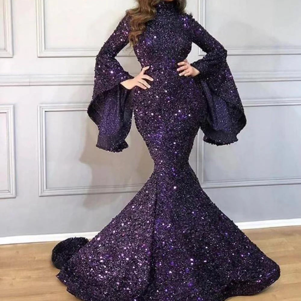 Sparkly Prom Purple Dresses High Neck Long Sleeve Mermaid Evening