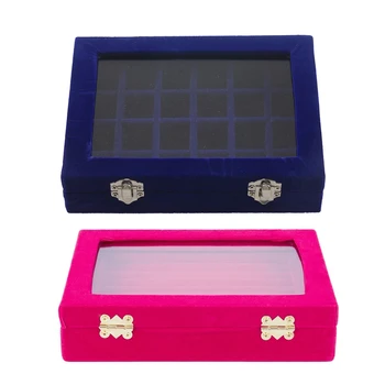 

2 Pcs Jewelry Box: 1 Pcs 24 Grid Display Box Jewelry Storage Blue & 1 Pcs Velvet Glass Jewelry Organizer Box Rose Red