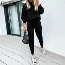 

ZANZEA Autumn Women Sets 2PCS Long Sleeve O-Neck Solid Blouse Elastic waist Side Pockets Thin Pant Bohemian Loose Casual Suit