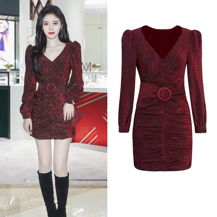 

2020 New Style Star Ju Jing Yi Celebrity Style Liangsi Waist Hugging Slim Fit V-neck Formal One-piece Dress Women's