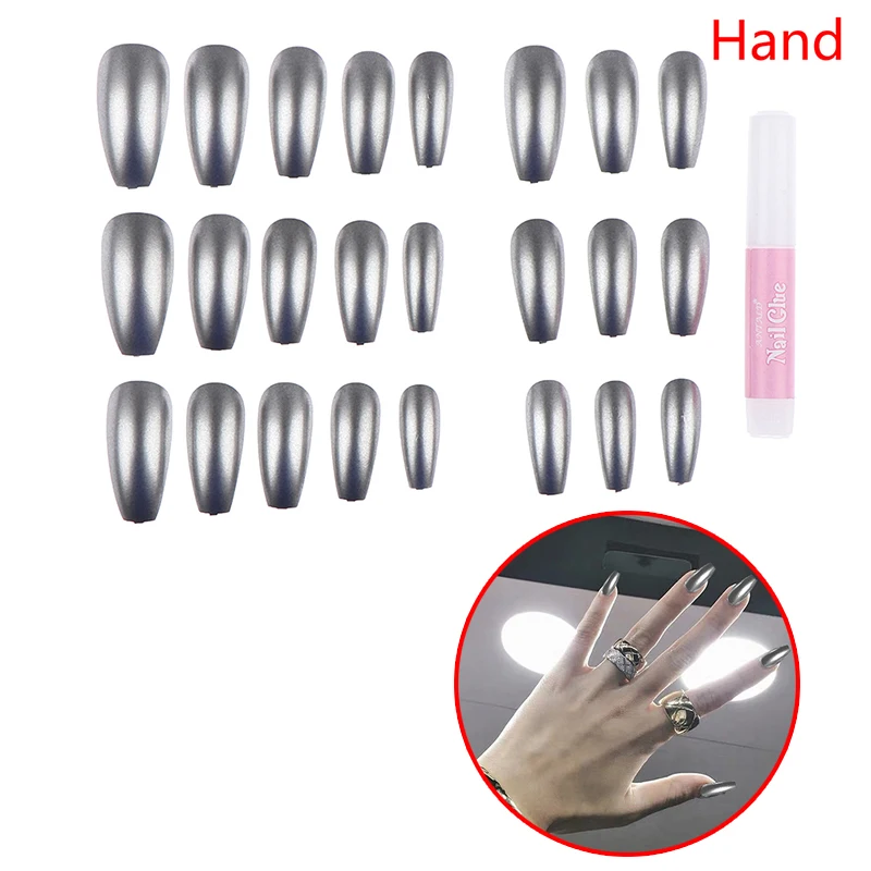 

24Pcs Metel Silve Hand/Foot Long Fake Nails Full Cover Nail Art False Nails Glue
