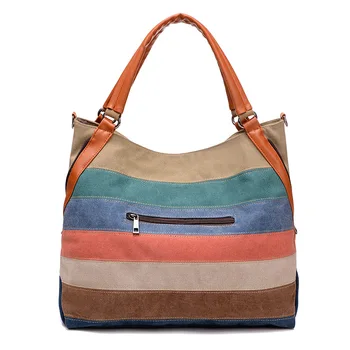 

Canvas women bag fashion style contrast color stripes single shoulder portable diagonal bag large capacity casual handbag