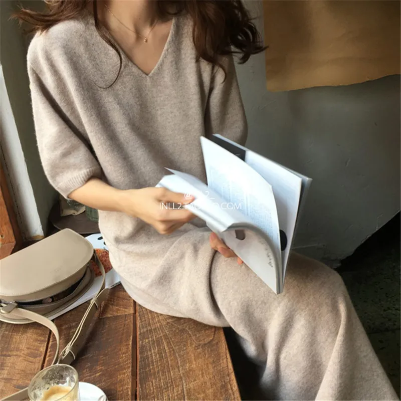 

New style 100% wool women's V-neck knit sweater, solid color loose bottoming long skirt, pullover long high-end cashmere dress