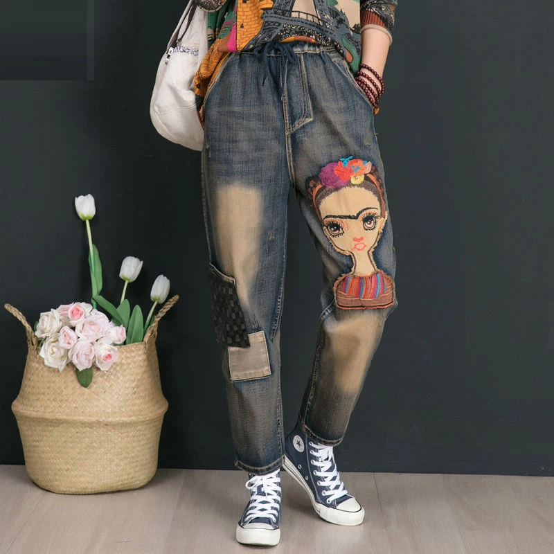 

Autumn Winter Women Elastic Waist Cotton Denim Pants Retro Patchwork Embroidered Jeans Plus Size Female Pants High Quality D555