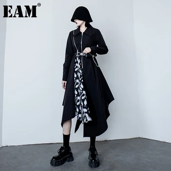

[EAM] Women Black Pattern Printed Irregular Shirt Dress New Lapel Long Sleeve Loose Fit Fashion Tide Spring Autumn 2020 1DC078