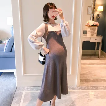 

Pregnant autumn dress fake two-piece dress autumn middle long sweater dress thin lantern sleeves maternity dress nursing dress