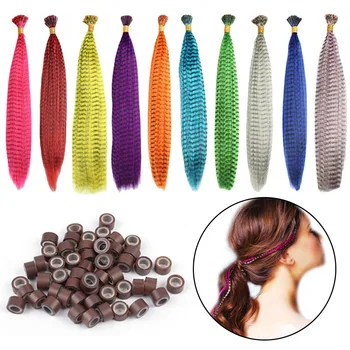 

10PCS Long Rainbow Colors Feather Hair Extensions + 20PCS Silicone Beads for Professional Salon Party Night Club Random Colors